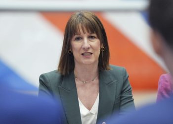 Britain's Chancellor of the Exchequer Rachel Reeves hosts a roundtable with the defence sector at RAF Waddington in Lincolnshire, England, Friday Feb. 28, 2025. (Yui Mok/Pool via AP)