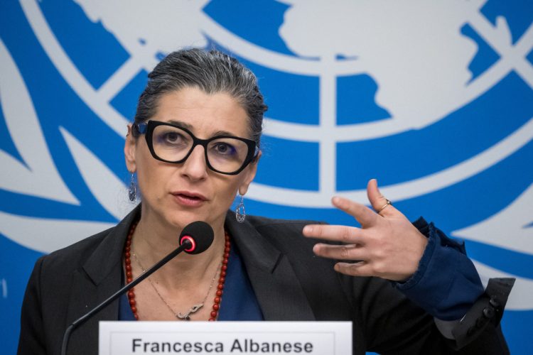 United Nations (UN) Special Rapporteur on the Rights Situation in the Palestinian Territories, Francesca Albanese speaks at a press conference during a session of the UN Human Rights Council, in Geneva, on March 27, 2024. Francesca Albanese who concluded Israel was committing acts of genocide in the Gaza Strip received broad support at the United Nations on March 26, 2024, with countries speaking up to back her and her report. (Photo by Fabrice COFFRINI / AFP)