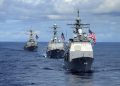 070814-N-8157C-122
PACIFIC OCEAN, (Aug. 14, 2007) - USS Antietam (CG 54) (right), USS Preble (DDG 88) (center) and USS O'Kane (DDG 77), transit in formation during a joint photo exercise (PHOTOEX) concluding Valiant Shield 2007. The PHOTOEX featured 15 ships and 17 aircraft from Air Force, Navy, and Marine Corps including a B-52 bomber. The John C. Stennis, Kitty Hawk and Nimitz Carrier Strike Groups were participating in Valiant Shield 2007, the largest joint exercise in recent history.  Held in the Guam operating area, the exercise includes 30 ships, more than 280 aircraft and more than 20,000 service members from the Navy, Air Force, Marine Corps, and Coast Guard. U.S. Navy photo by Mass Communication Specialist 1st Class Denny Cantrell (RELEASED)