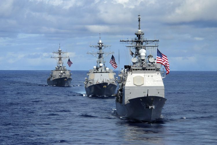 070814-N-8157C-122
PACIFIC OCEAN, (Aug. 14, 2007) - USS Antietam (CG 54) (right), USS Preble (DDG 88) (center) and USS O'Kane (DDG 77), transit in formation during a joint photo exercise (PHOTOEX) concluding Valiant Shield 2007. The PHOTOEX featured 15 ships and 17 aircraft from Air Force, Navy, and Marine Corps including a B-52 bomber. The John C. Stennis, Kitty Hawk and Nimitz Carrier Strike Groups were participating in Valiant Shield 2007, the largest joint exercise in recent history.  Held in the Guam operating area, the exercise includes 30 ships, more than 280 aircraft and more than 20,000 service members from the Navy, Air Force, Marine Corps, and Coast Guard. U.S. Navy photo by Mass Communication Specialist 1st Class Denny Cantrell (RELEASED)