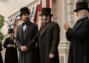 Death by Lightning. (L to R) Michael Shannon as James Garfield, Nick Offerman as Chester A. Arthur, Bradley Whitford as James Blaine in episode 102 of Death by Lightning. Cr. Larry Horricks/Netflix © 2025
