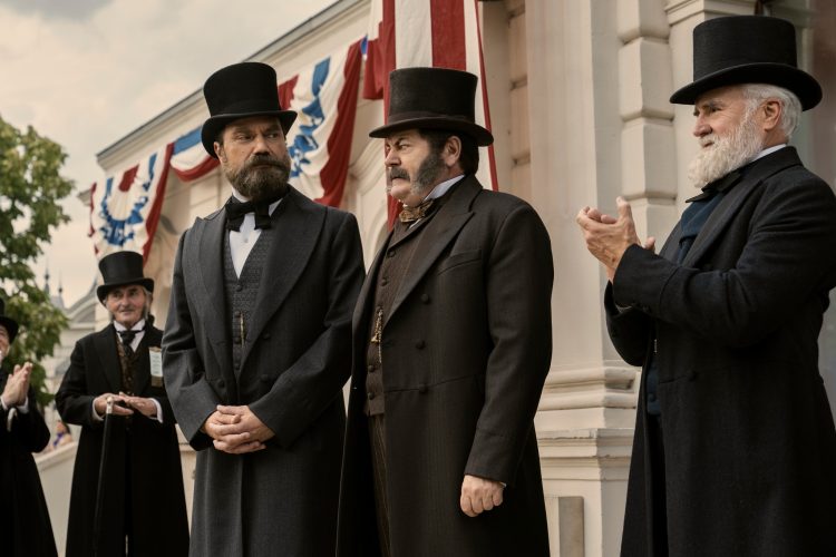 Death by Lightning. (L to R) Michael Shannon as James Garfield, Nick Offerman as Chester A. Arthur, Bradley Whitford as James Blaine in episode 102 of Death by Lightning. Cr. Larry Horricks/Netflix © 2025