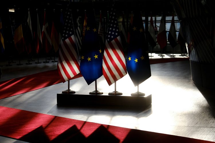 European and US flags in European Council in Brussels, Belgium on April 4, 2023.