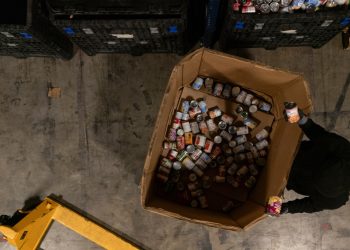 Volunteer Matthew Underwool works at MUST Ministries food distribution center, Monday, Nov. 3, 2025, in Marietta, Ga. (AP Photo/Mike Stewart)