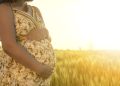 Pregnant woman relaxing in nature on a beautiful sunny day.A crop of a pregnant woman's stomach with field in the background.