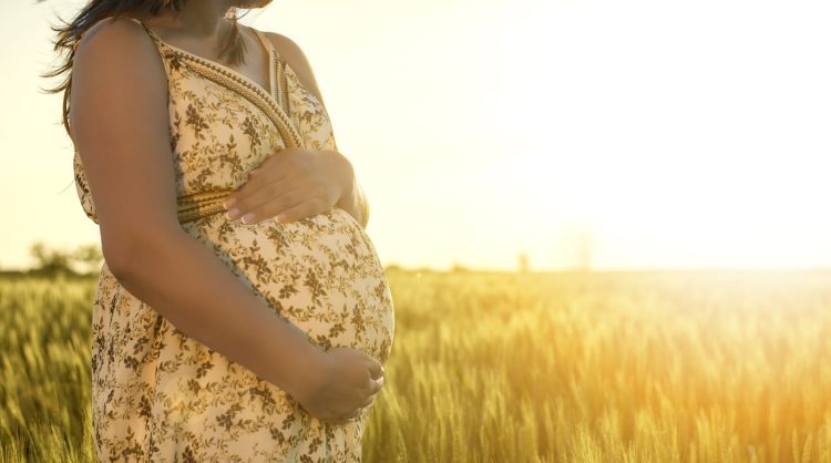 Pregnant woman relaxing in nature on a beautiful sunny day.A crop of a pregnant woman's stomach with field in the background.