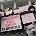 Animal rights activists attend a protest rally supporting the government-led dog meat banning bill  at the National Assembly in Seoul, South Korea, Tuesday, Jan. 9, 2024. South Korea's parliament on Tuesday passed a landmark ban on production and sales of dog meat, as public calls for a prohibition have grown sharply over concerns about animal rights and the country's international image. (AP Photo/Ahn Young-joon)