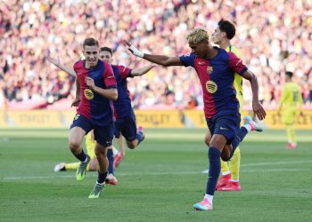 BARCELONA, SPAIN - MAY 18: Lamine Yamal of FC Barcelona celebrates scoring his team's first goal with teammate Fermin Lopez during the La Liga EA Sports match between FC Barcelona and Villarreal CF at Estadi Olimpic Lluis Companys on May 18, 2025 in Barcelona, Spain.  (Photo by Judit Cartiel/Getty Images)