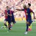 BARCELONA, SPAIN - MAY 18: Lamine Yamal of FC Barcelona celebrates scoring his team's first goal with teammate Fermin Lopez during the La Liga EA Sports match between FC Barcelona and Villarreal CF at Estadi Olimpic Lluis Companys on May 18, 2025 in Barcelona, Spain.  (Photo by Judit Cartiel/Getty Images)