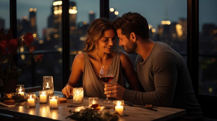 A couple enjoying a romantic dinner with candlelight on a rooftop restaurant with a city skyline.