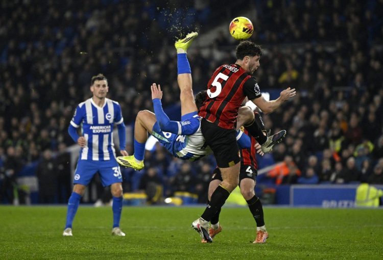 Soccer Football - Premier League - Brighton & Hove Albion v AFC Bournemouth - The American Express Community Stadium, Brighton, Britain - January 19, 2026 Brighton & Hove Albion's Charalampos Kostoulas scores their first goal REUTERS/Tony O Brien EDITORIAL USE ONLY. NO USE WITH UNAUTHORIZED AUDIO, VIDEO, DATA, FIXTURE LISTS, CLUB/LEAGUE LOGOS OR 'LIVE' SERVICES. ONLINE IN-MATCH USE LIMITED TO 120 IMAGES, NO VIDEO EMULATION. NO USE IN BETTING, GAMES OR SINGLE CLUB/LEAGUE/PLAYER PUBLICATIONS. PLEASE CONTACT YOUR ACCOUNT REPRESENTATIVE FOR FURTHER DETAILS..