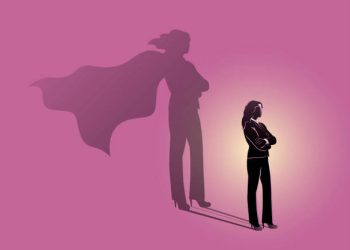 Business Woman with a Super Hero Shadow Leadership motivation concept Vector illustration