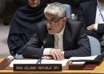 Iran's U.N. Ambassador, Amir Saeid Iravani, addresses the United Nations Security Council chamber during an emergency meeting at U.N. headquarters, Sunday, April 14, 2024. (AP Photo/Yuki Iwamura)