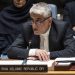 Iran's U.N. Ambassador, Amir Saeid Iravani, addresses the United Nations Security Council chamber during an emergency meeting at U.N. headquarters, Sunday, April 14, 2024. (AP Photo/Yuki Iwamura)
