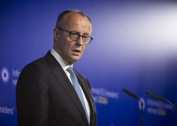 Federal Chancellor of Germany Friedrich Merz holds a press conference with media and international press representative after the end of the Informal EU leaders' retreat 2026 summit, at Alden Biesen Castle hosted by the European Council President. The European leaders meeting was about how to deepen the single market, reduce economic dependencies, strengthen EU competitiveness and strategic autonomy, planning the future initiative roadmap 'one Europe, one market' and boost competitiveness through common actions. Rijkoven, Bilzen-Hoeselt, Belgium on February 12, 2026 (Photo by Nicolas Economou/NurPhoto)