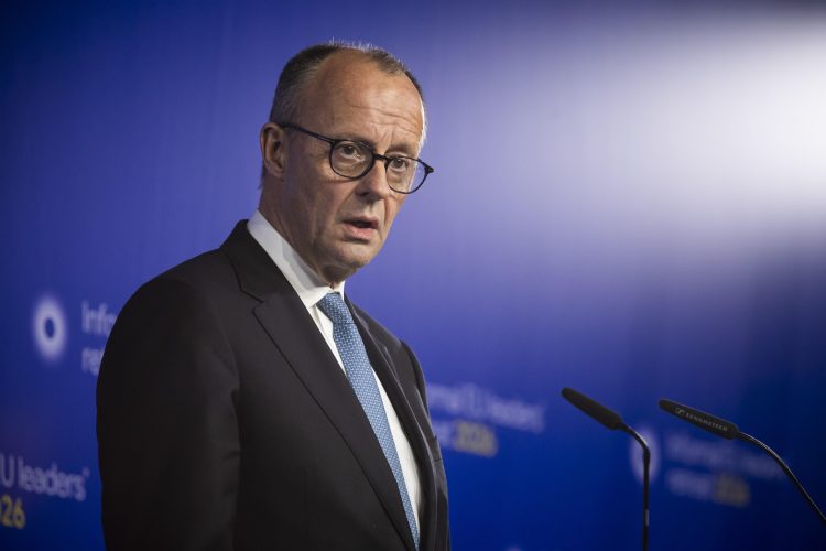 Federal Chancellor of Germany Friedrich Merz holds a press conference with media and international press representative after the end of the Informal EU leaders' retreat 2026 summit, at Alden Biesen Castle hosted by the European Council President. The European leaders meeting was about how to deepen the single market, reduce economic dependencies, strengthen EU competitiveness and strategic autonomy, planning the future initiative roadmap 'one Europe, one market' and boost competitiveness through common actions. Rijkoven, Bilzen-Hoeselt, Belgium on February 12, 2026 (Photo by Nicolas Economou/NurPhoto)