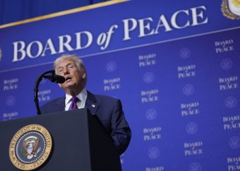 President Donald Trump speaks during a Board of Peace meeting at the U.S. Institute of Peace, Thursday, Feb. 19, 2026, in Washington. (AP Photo/Mark Schiefelbein)