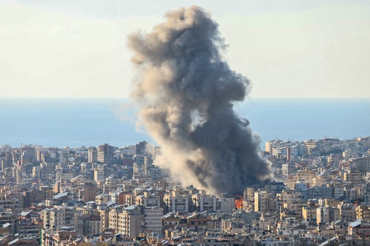 Smoke plumes billow following Israeli bombardment on Beirut's southern suburbs on March 2, 2026. The war launched by the United States and Israel against Iran spread across the Middle East on March 2 with Lebanon's Hezbollah entering the fray and a British air base in Cyprus targeted. (Photo by IBRAHIM AMRO / AFP via Getty Images)