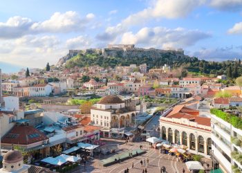 Skyline of Athenth with Moanstiraki square and Acropolis hill at summer, Athens Greece
