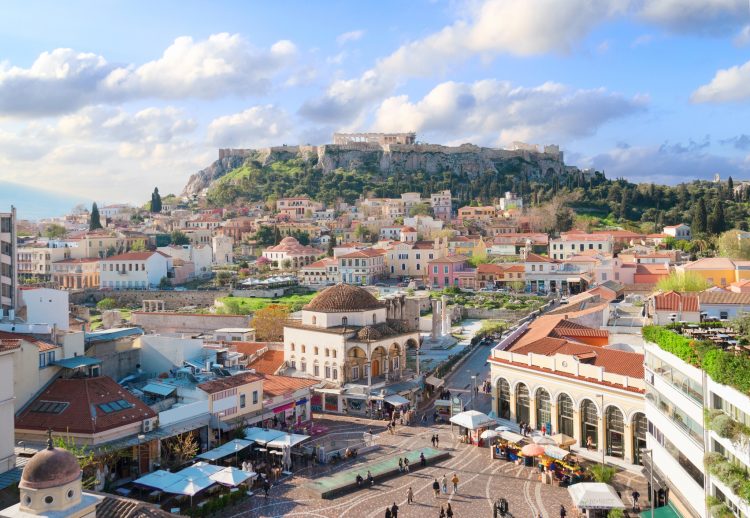 Skyline of Athenth with Moanstiraki square and Acropolis hill at summer, Athens Greece