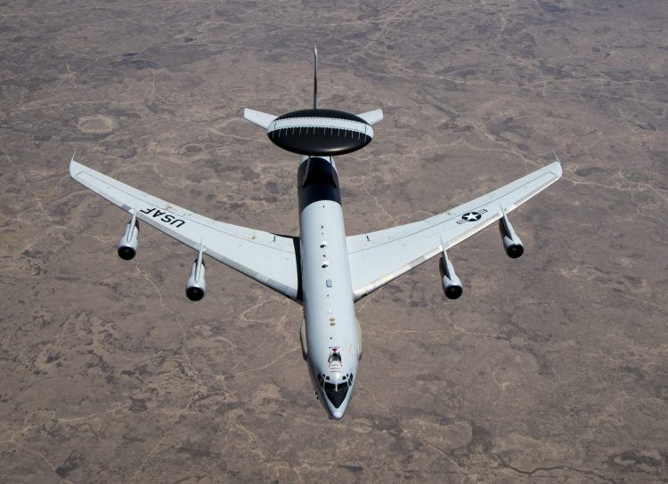 A U.S. Air Force E-3 Sentry flies over the U.S. Central Command area of responsibility, July 11, 2020. The E-3 Sentry is an airborne warning and control system aircraft with an integrated command and control battle management, surveillance, target detection, and tracking platform. (U.S. Air Force photo by Airman 1st Class Duncan C. Bevan)