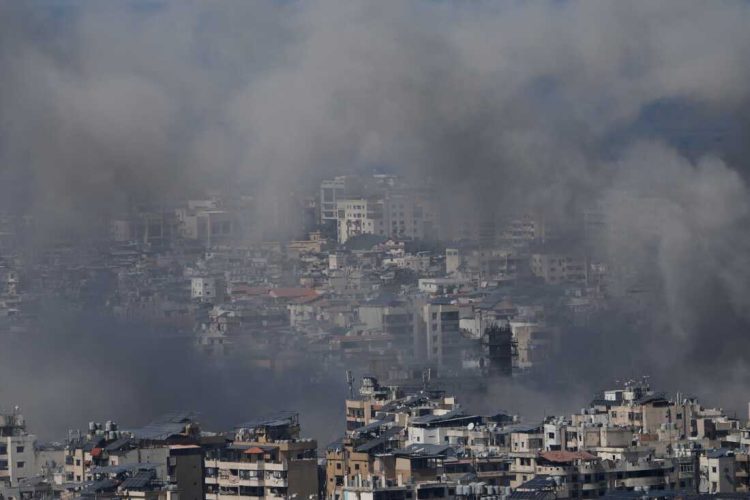 Smoke rises following an Israeli airstrike in Dahiyeh, Beirut's southern suburbs, Lebanon, Monday, March 9, 2026. (AP Photo/Bilal Hussein)