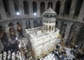 Clergy and worshippers take part in a Mass led by Latin Patriarch Pierbattista Pizzaballa, the top Catholic clergyman in the Holy Land, in remembrance of Pope Francis at the Church of the Holy Sepulcher, the site where according to tradition Jesus was crucified and buried, in the Old City of Jerusalem, Wednesday, April 23, 2025. (AP Photo/Mahmoud Illean)