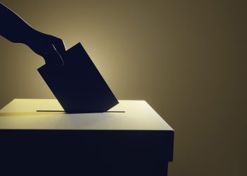 Silhouette of a hand putting a vote into the voting box on pale yellow background. Illustration of the concept of legislative election